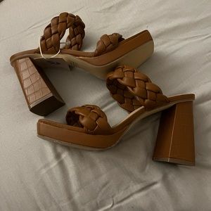 Chunky heel, brown, dress shoes, braided straps, new with tags, never worn